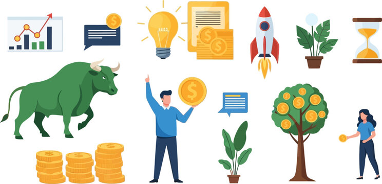 Collection of financial and investment icons bull money tree rocket hourglass with growth chart light bulb watering can flat design investment hourglass business document illustration