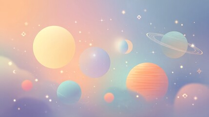 Fototapeta premium Dreamy Pastel Planetary Scene With Floating Spheres, Soft Gradient Sky, Crescent Moon And Ringed Planet, Whimsical Cosmic Illustration 