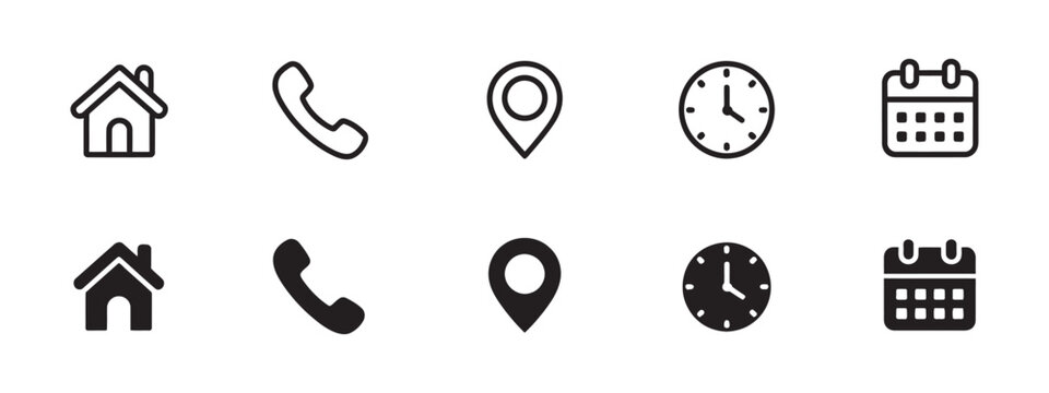 Interface Icon Set Vector Illustration, phone receiver home location pin clock calendar contact navigation scheduling concept, clean modern UI design element