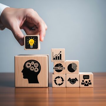 Corporate idea implementation concept with wooden blocks illustrating innovation, teamwork collaboration, and analytical business growth.