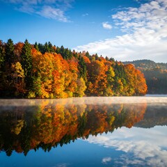 Obraz premium Autumn forest with vibrant colors reflected on a misty lake