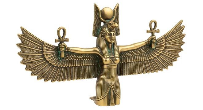 Ancient Egyptian goddess Isis statue with outstretched wings and ankh symbols against a clean white background