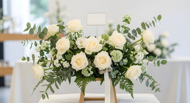 Elegant white floral condolence arrangement on a table