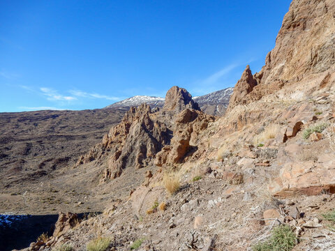 View of the volcanic landscape of Teide National Park on the island of Tenerife (Spain).