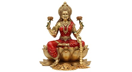 Obraz premium Goddess Lakshmi seated on lotus flower with coins in a studio setting