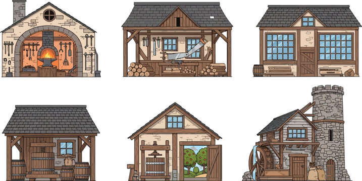 Medieval Workshop and Cottage Set &ndash; Blacksmith Forge, Wooden Houses and Village Buildings