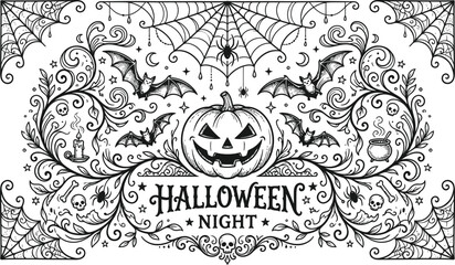 Naklejka premium Halloween night decorative illustration with pumpkin bats and floral ornaments