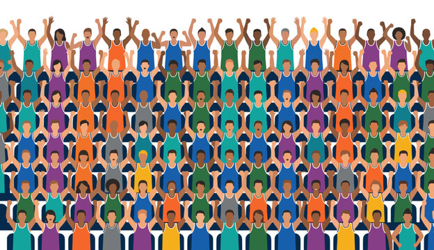 Diverse basketball crowd wearing colorful team jerseys cheering in arena stands. Unity of fans. Concept of support community and sports enthusiasm