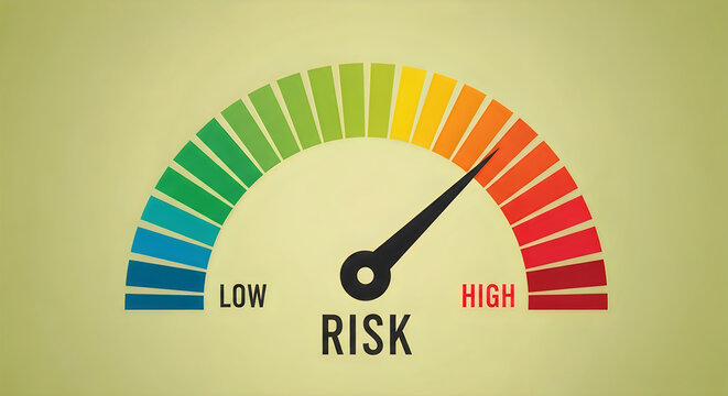 colorful risk assessment gauge with low to high indicator for business decisions