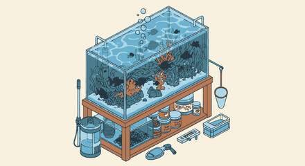 Isometric Illustration of a Complete Aquarium Setup with Tropical Fish, Corals, and Maintenance Equipment © Mpon