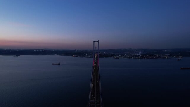 Osmangazi Bridge in Kocaeli, Turkey. Aerial shot with drone. Beautiful sunset landscape. 