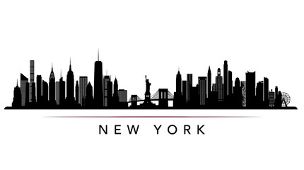 Obraz premium A horizontal banner featuring the New York City skyline, depicted as a black-and-white silhouette of New York, USA, designed as a vector template.