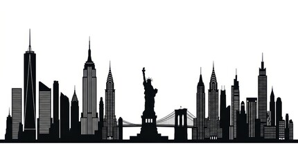Fototapeta premium A horizontal banner featuring the New York City skyline, depicted as a black-and-white silhouette of New York, USA, designed as a vector template.