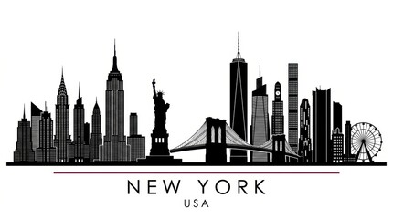 Fototapeta premium A horizontal banner featuring the New York City skyline, depicted as a black-and-white silhouette of New York, USA, designed as a vector template.