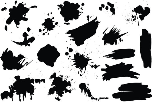 Abstract black ink splatter brush strokes collection on white background
