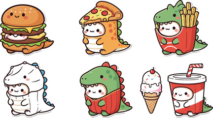 Fototapeta premium Cute dinosaur character eating various foods Vector