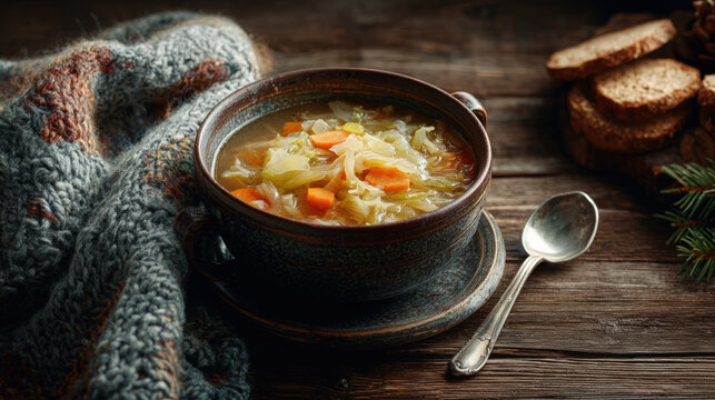 Winter comfort food scene with cabbage soup on thick wooden table and knitted cloth