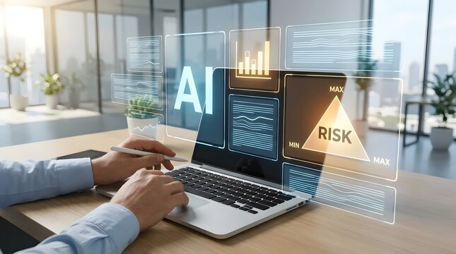 Hands on laptop with AI and risk holographic interface in office