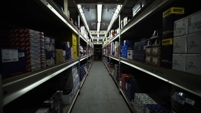 NEW YORK - 5 April 2017: Close up of a basement warehouse machinery business equipment in factory installing construction logistic packaging machine stock industrial box technology job light