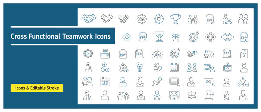 Collection of cross functional teamwork line icons with editable stroke for business