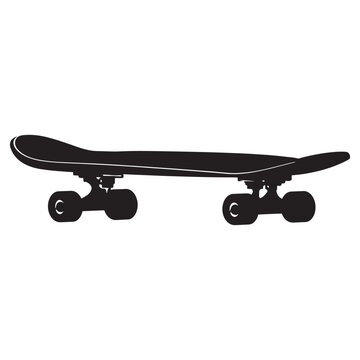 Side profile silhouette of a skateboard representing extreme sports and street skating culture with skateboard silhouette lifestyle activity recreation transport equipment longboard isolated