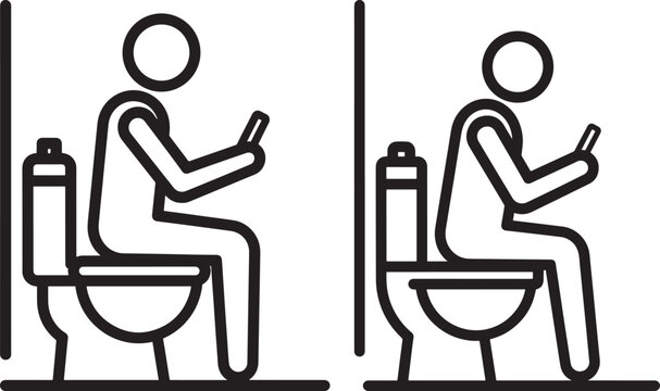Man using phone on toilet, comparison of sitting positions.