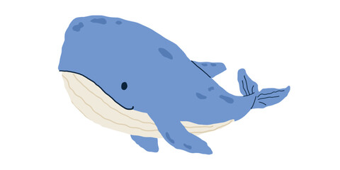 Obraz premium Cute blue whale vector illustration smiling and swimming in hand drawn doodle style for kids nursery design and marine life theme