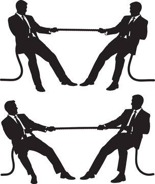 Businessmen silhouette tugging rope in competition.