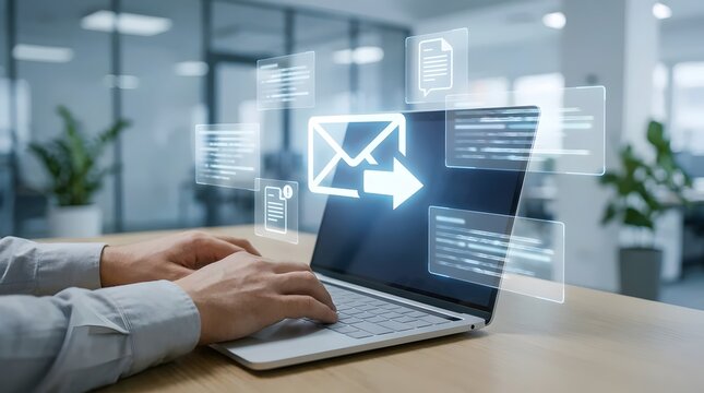 Hands typing on laptop with digital email and communication icons