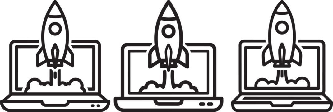 Rocket launch from laptop screen icon set.