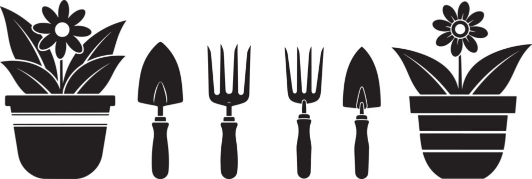 Gardening tools and potted plants.
