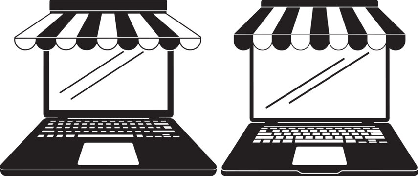 Open laptops with awnings representing online stores illustration.