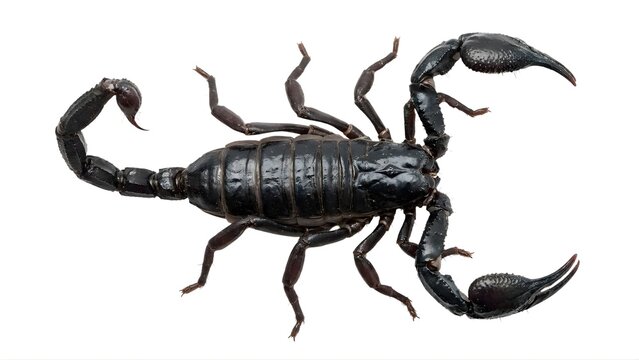 A black scorpion with a curved tail and pincer on transparent background