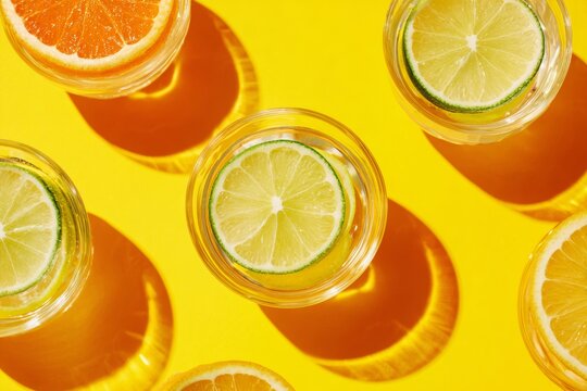 Bright Top View of Lemonade Glasses With Citrus Slices on a Sunny Table for Summer Refreshment Moments