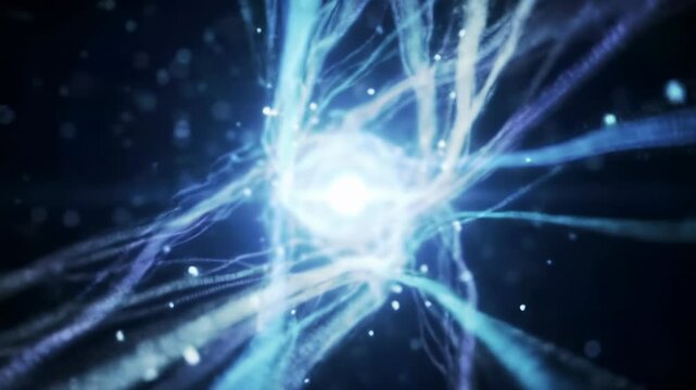 Wide video capturing a mesmerizing, high-fidelity cgi digital vortex with iridescent luminous data streams converging to a brilliant, pulsing central core in an abstract digital void, embodying