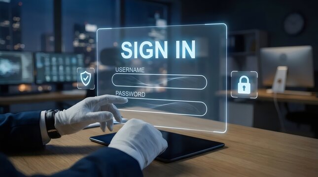 Hands typing login credentials on sign in screen at dark desk