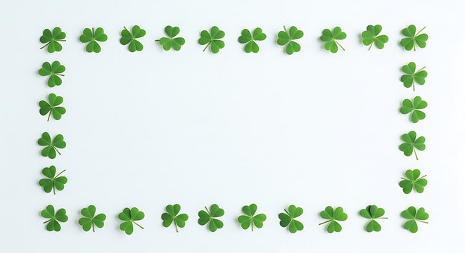 Green shamrock frame, St. Patrick's Day border, four leaf clover arrangement, luck symbol, floral pattern