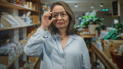 Fototapeta premium Woman with grey hair adjusts her glasses while pointing with one finger in a retail shop aisle inside a building; quiet contemplation.