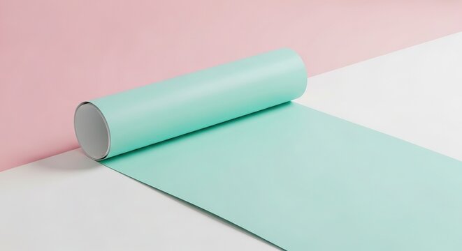 Roll of light blue paper unrolling diagonally across a two-tone background, half pink and half white, studio shot, creative design element.