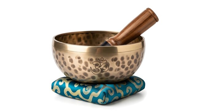Tibetan singing bowl with wooden striker on silk cushion isolated on white background