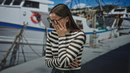 Fototapeta premium Woman with hand on cheek and arm crossed wearing striped top and glasses standing beside docked boat on street pier; toothache pain.