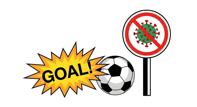 Soccer ball scoring goal with covid-19 ban sign.