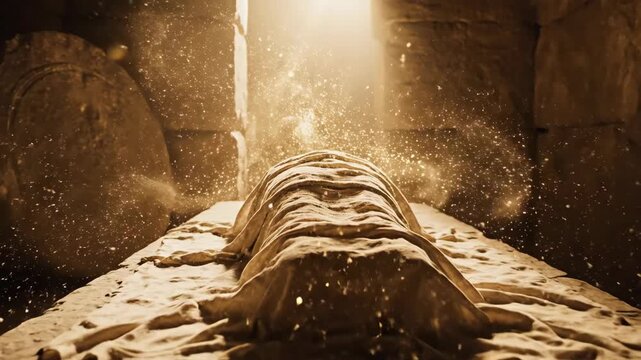 Tomb of Jesus with glowing light and rolling stone revealing an empty resting place for Easter resurrection concept.