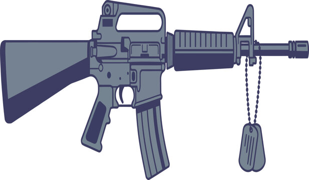 Military assault rifle vector illustration with dog tags, tactical automatic firearm icon, army weapon profile in blue and grey colors, soldier equipment for gaming and memorial designs