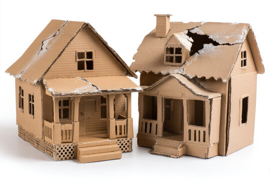 Two cardboard houses with damaged roofs on a white background.