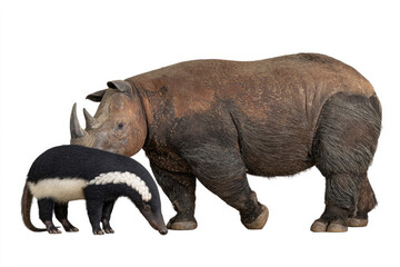 Obraz premium A rhinoceros and an anteater stand side by side on a white background.