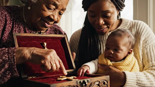 Black grandmother shows golden Christian cross from wooden box to African American woman and baby, religious family bonding concept