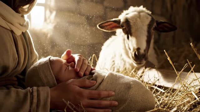 Woman nurturing baby wrapped in swaddling cloth inside stable with sheep. Holy infant Jesus in manger for Nativity scene.