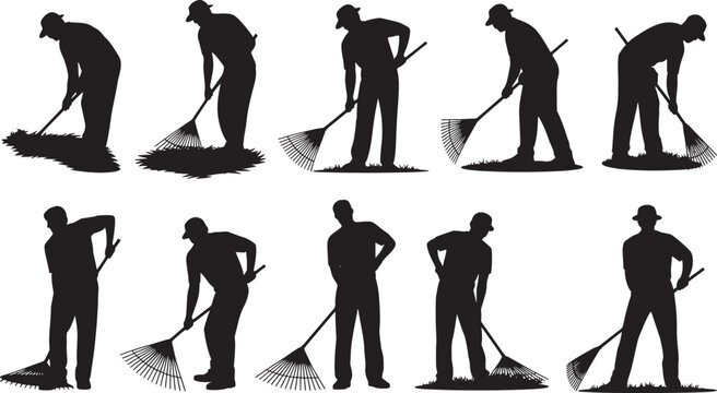 Man Raking Leaves Silhouette Set with Cleaning Garden Poses, Yard Work, Landscaping Activity, Autumn Maintenance, Outdoor Labor and Environmental Care Concepts
