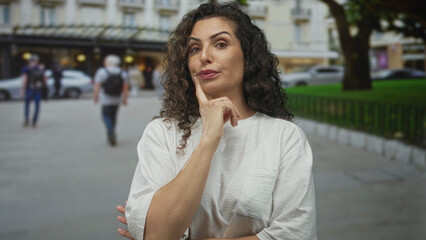 Fototapeta premium Hispanic woman wearing a loose white shirt with hand on chin and arms crossed on busy city street; concern.